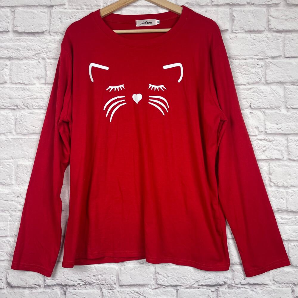 J5022 Aibrou red shirt with white cat face graphic print size XXL
